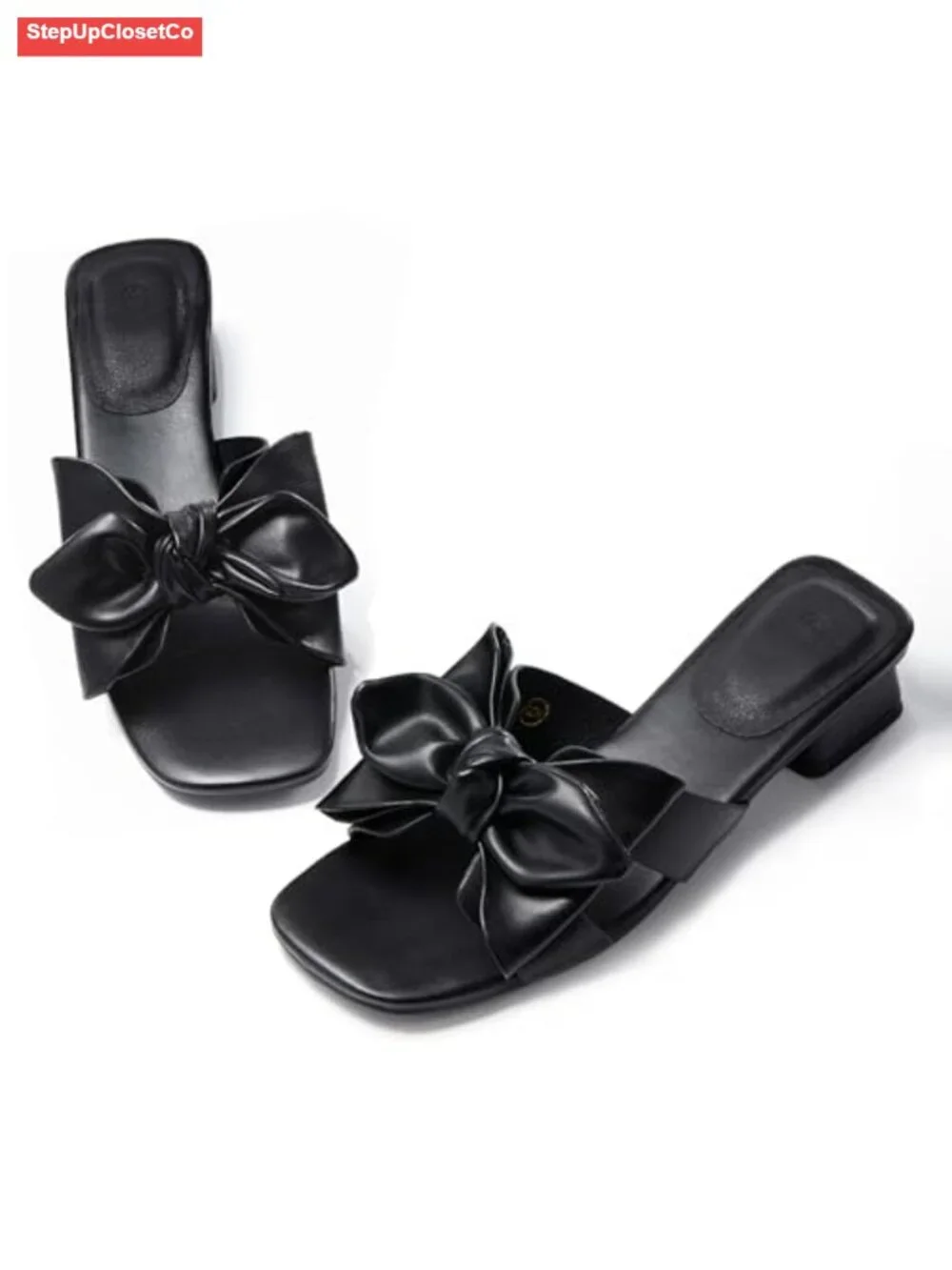 Faux Leather Bow Chunky Block Heel Open Toe Mule Sandals